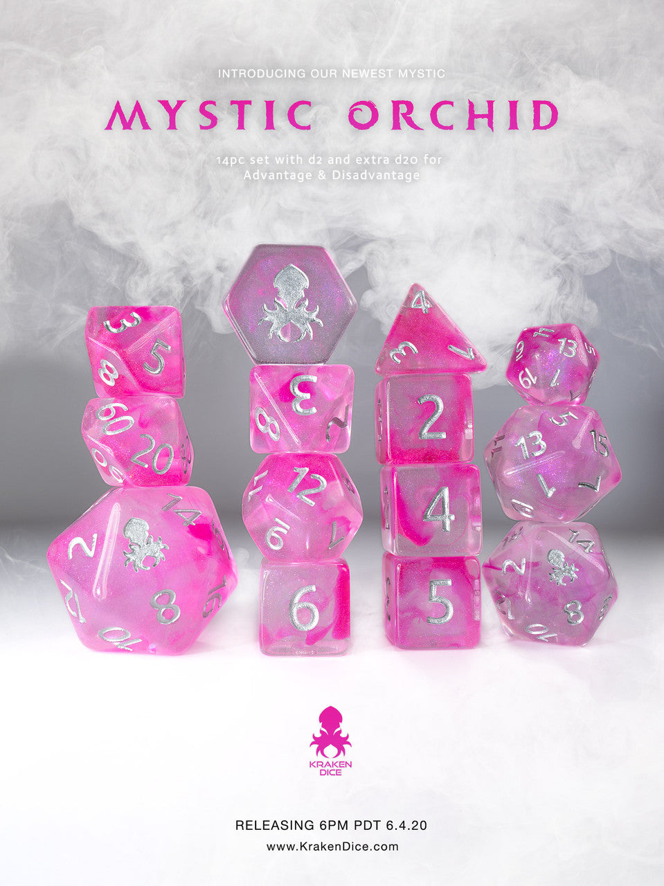 Mystic Orchid 14pc Polyhedral Dice set with Silver Ink
